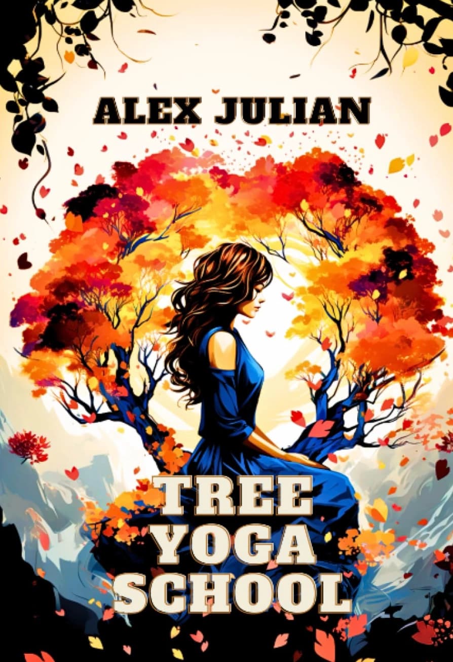 Tree Yoga School book cover by Alex Julian: a woman in blue among autumn trees